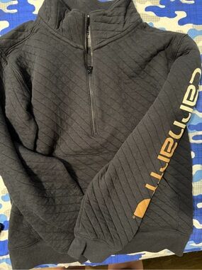 Boys. Carhartt Black Quilted Half-Zip Sweatshirt with Yellow Sleeve Logo